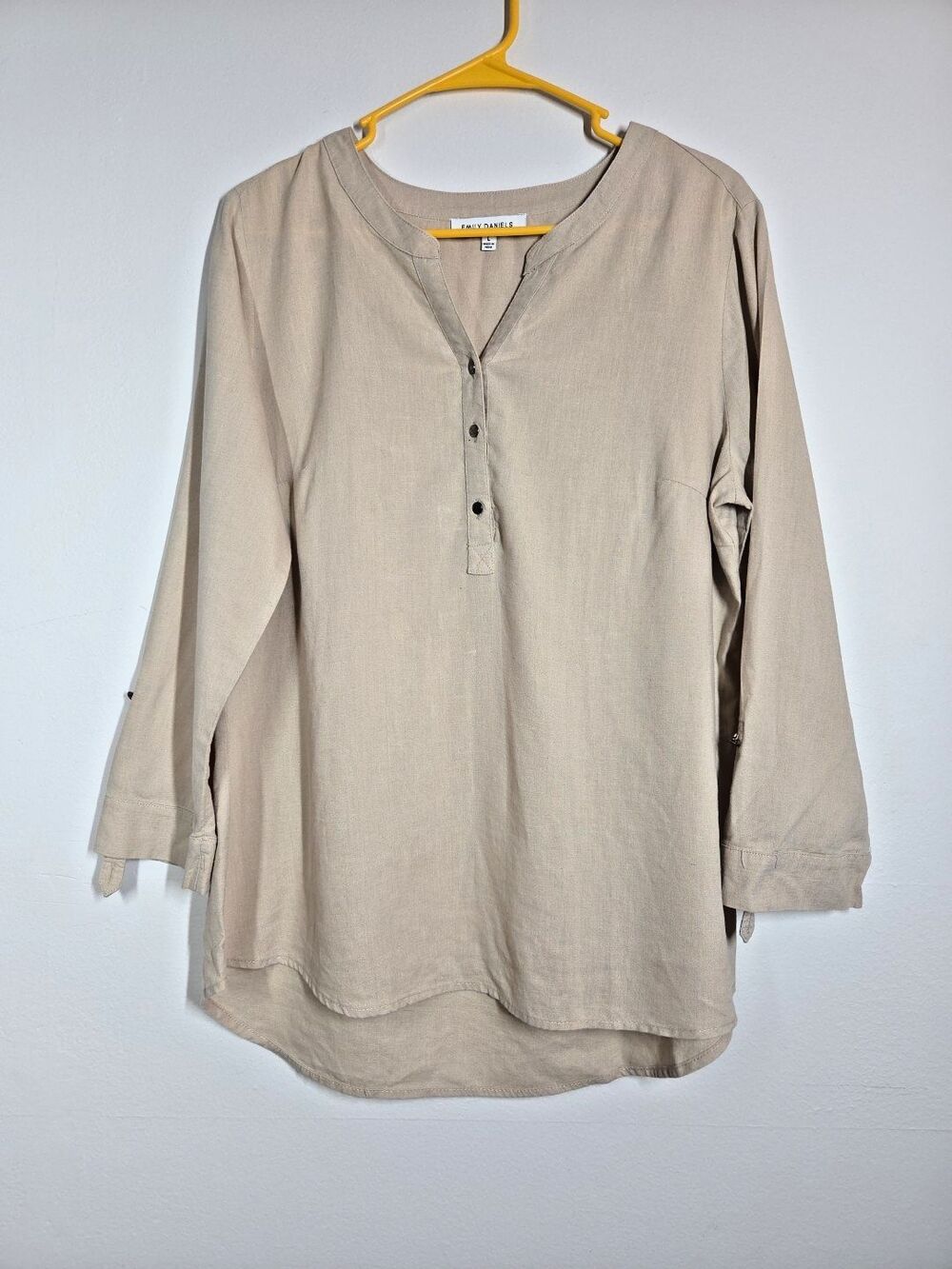 Emily Daniels Women's Linen Blend Popover Shirt LARGE Tunic Roll up Sleeve Beige
